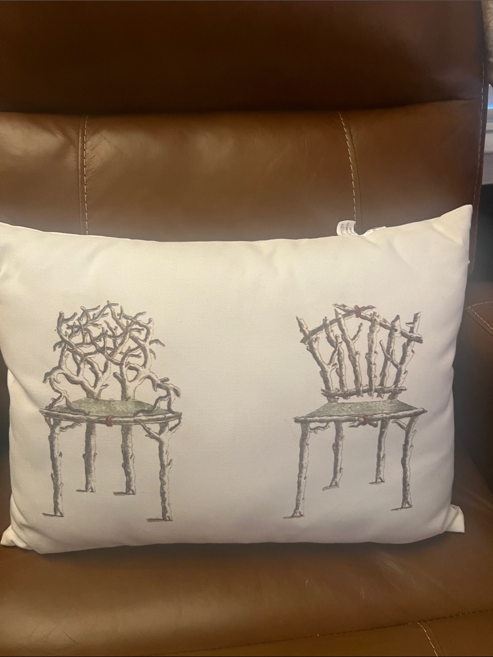 White Accent Pillow with Rustic Chair Motif
